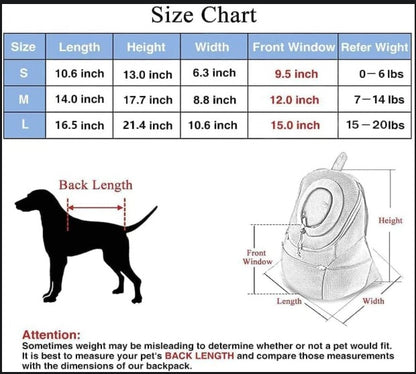 Size chart for a pet backpack with dimensions and weight guidelines.