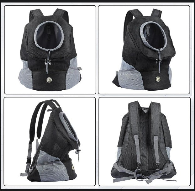 Black and gray pet backpack shown from multiple angles on a white background