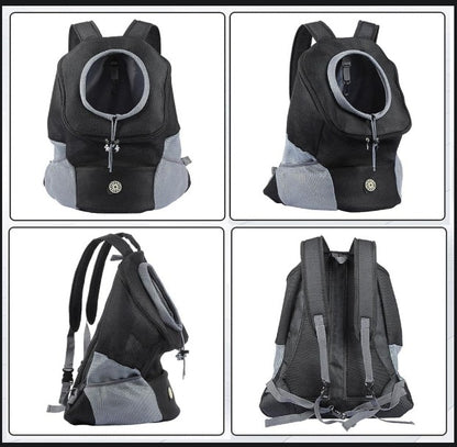 Black and gray pet backpack shown from multiple angles on a white background