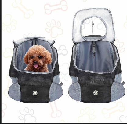 Pet carrier backpack with a dog inside on a white background