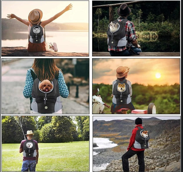 Collage of people with backpacks featuring cute designs in various outdoor settings.
