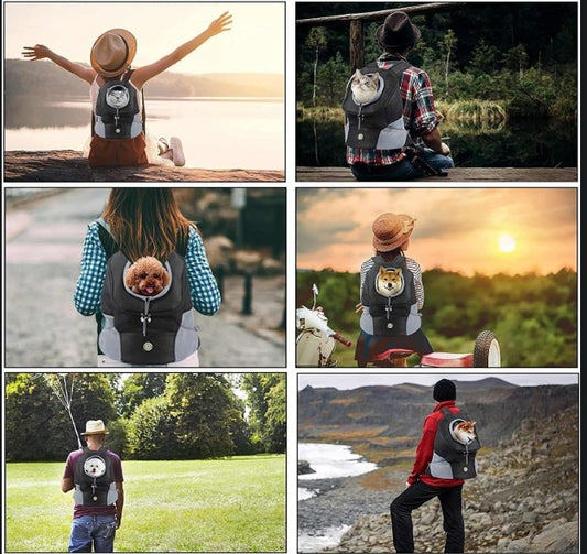 Collage of people with backpacks featuring cute designs in various outdoor settings.