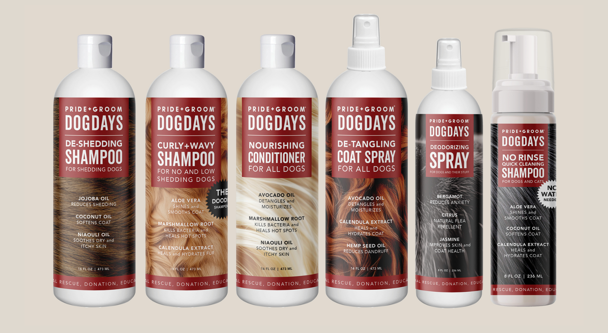 Set of Dogdays grooming products including shampoo, conditioner, and spray on a beige background