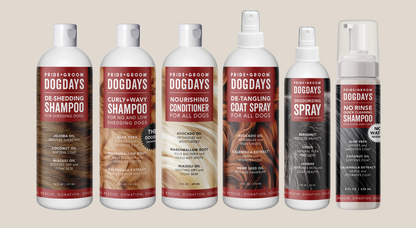 Set of Dogdays grooming products including shampoo, conditioner, and spray on a beige background