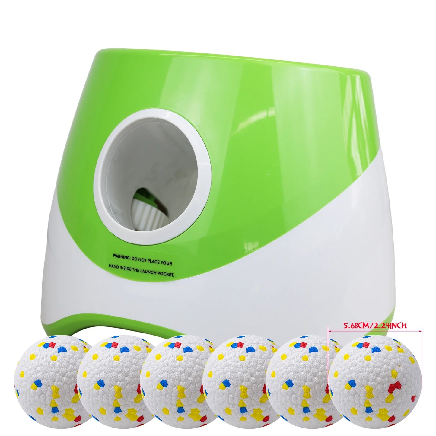 Green and white golf ball launcher with colorful golf balls on a white background