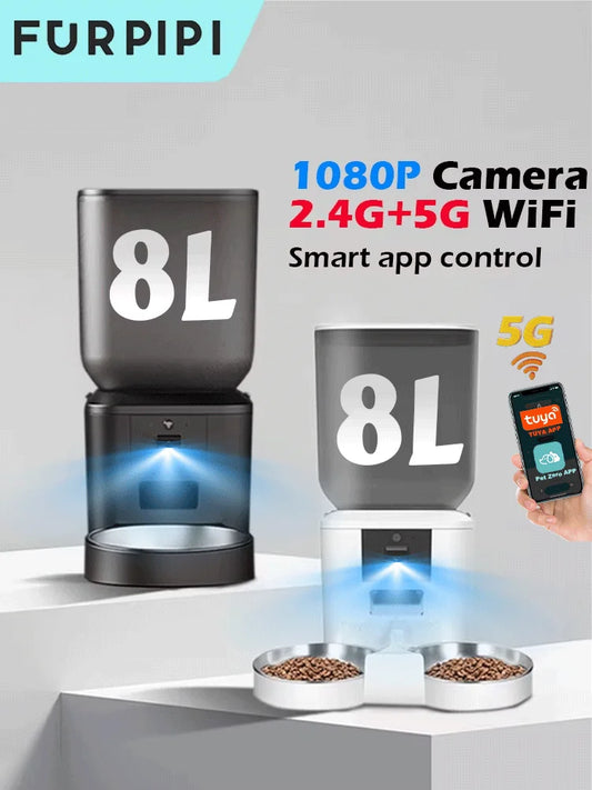 FURPIPI pet feeder with 1080P camera, 2.4G+5G WiFi, and smart app control on a gray background.