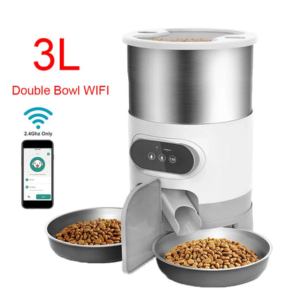 Pet food dispenser with two bowls of kibble, showing '3L Double Bowl WIFI' text.