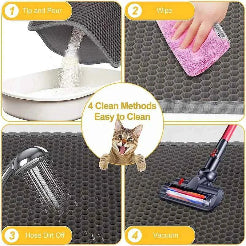 Cleaning methods for a cat litter mat with text labels.