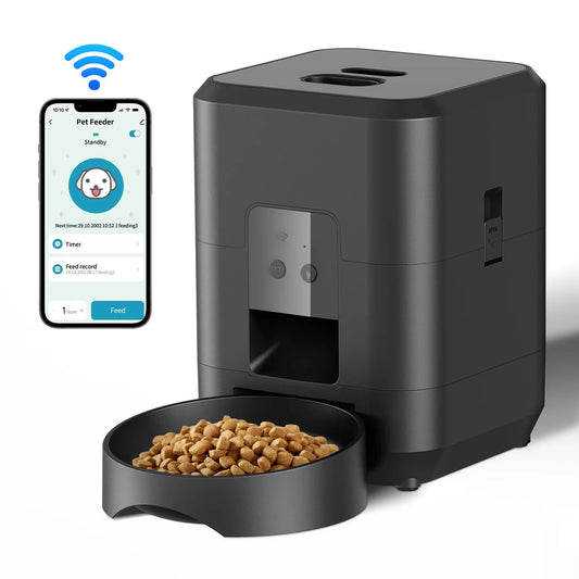 Black pet feeder with a bowl of kibble and a smartphone displaying the Pet Feeder app on a white background.