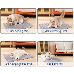 Collage of a cat using various pet products including a feeding mat, scratching post, sleeping/rest pad, and litter mat.