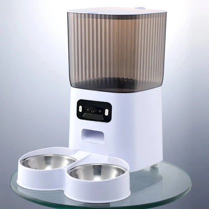 Pet feeder with two bowls on a clear surface