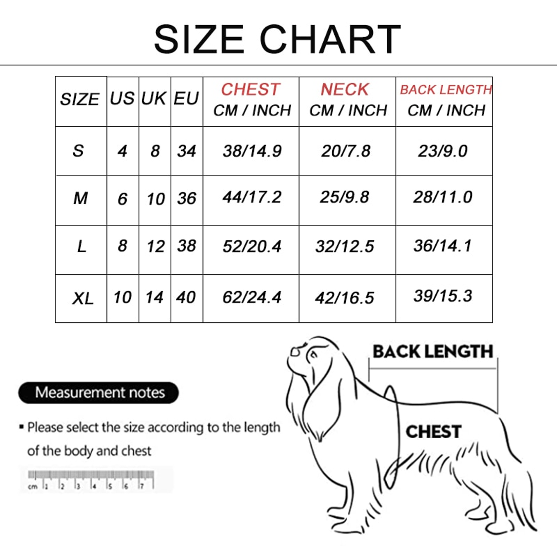 Size chart for dog clothing with measurements in centimeters and inches, including a diagram of a dog's back length and chest.