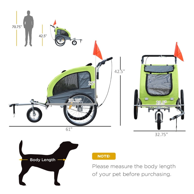 Dimensions of a green and gray bicycle pet trailer with measurements and a dog silhouette for scale.