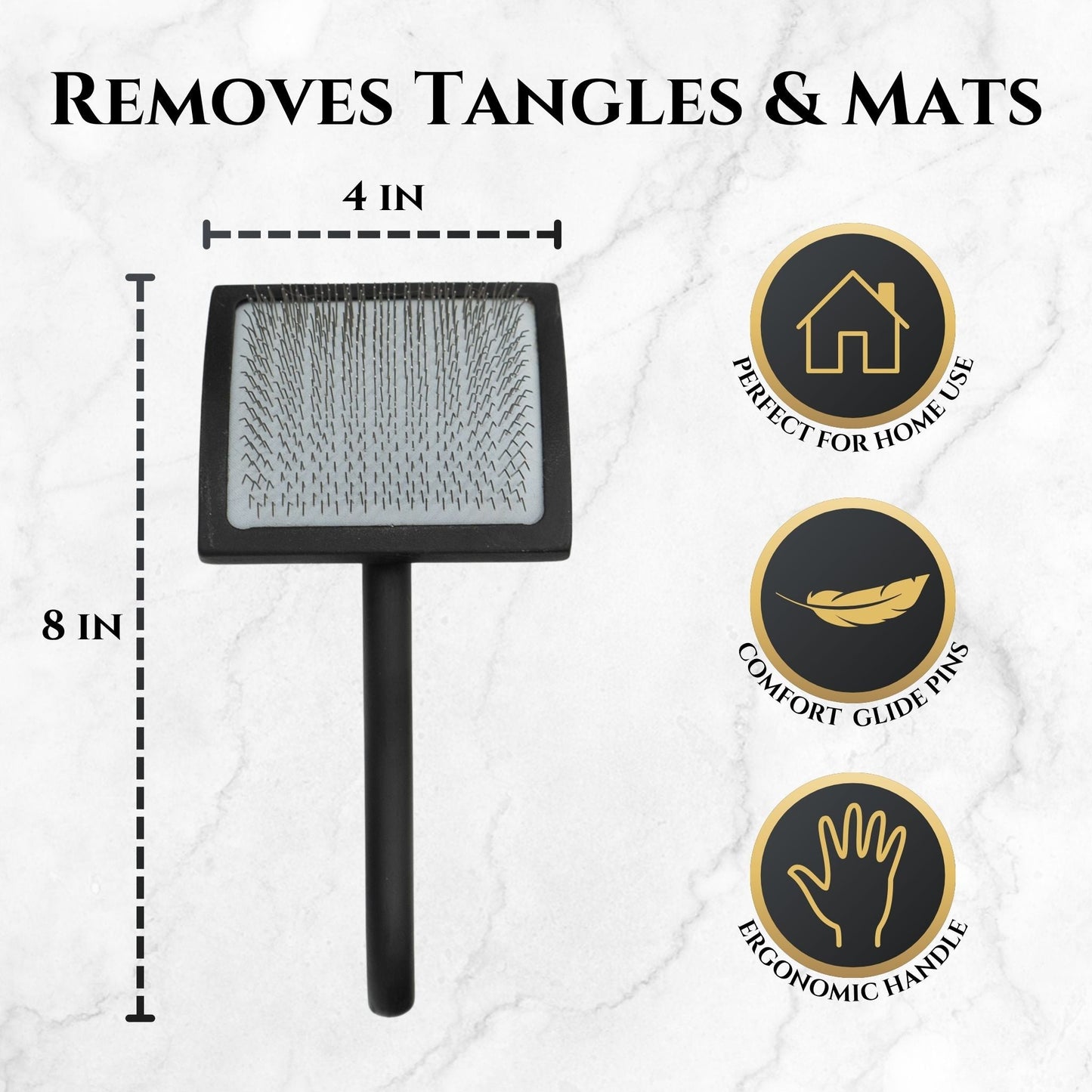 Pet grooming tool with text indicating features and measurements on a white background