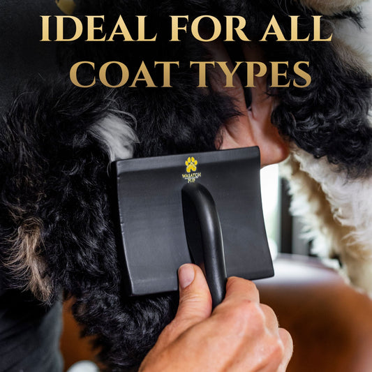 Person grooming a dog with a black grooming brush, text 'IDEAL FOR ALL COAT TYPES' above.