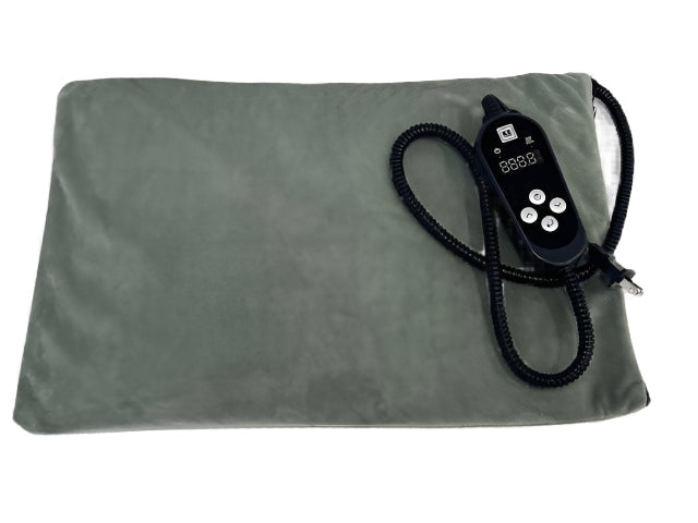 Gray heating pad with digital controller on a white background