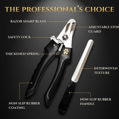 Dog nail clippers with features highlighted on a dark background