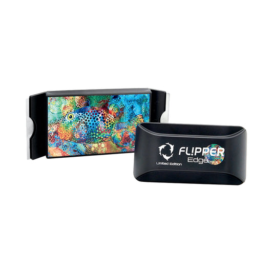 Black Flipper Edge device with colorful display on a white background