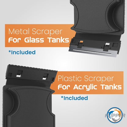 Metal and plastic scrapers for glass and acrylic tanks with Flipper logo.
