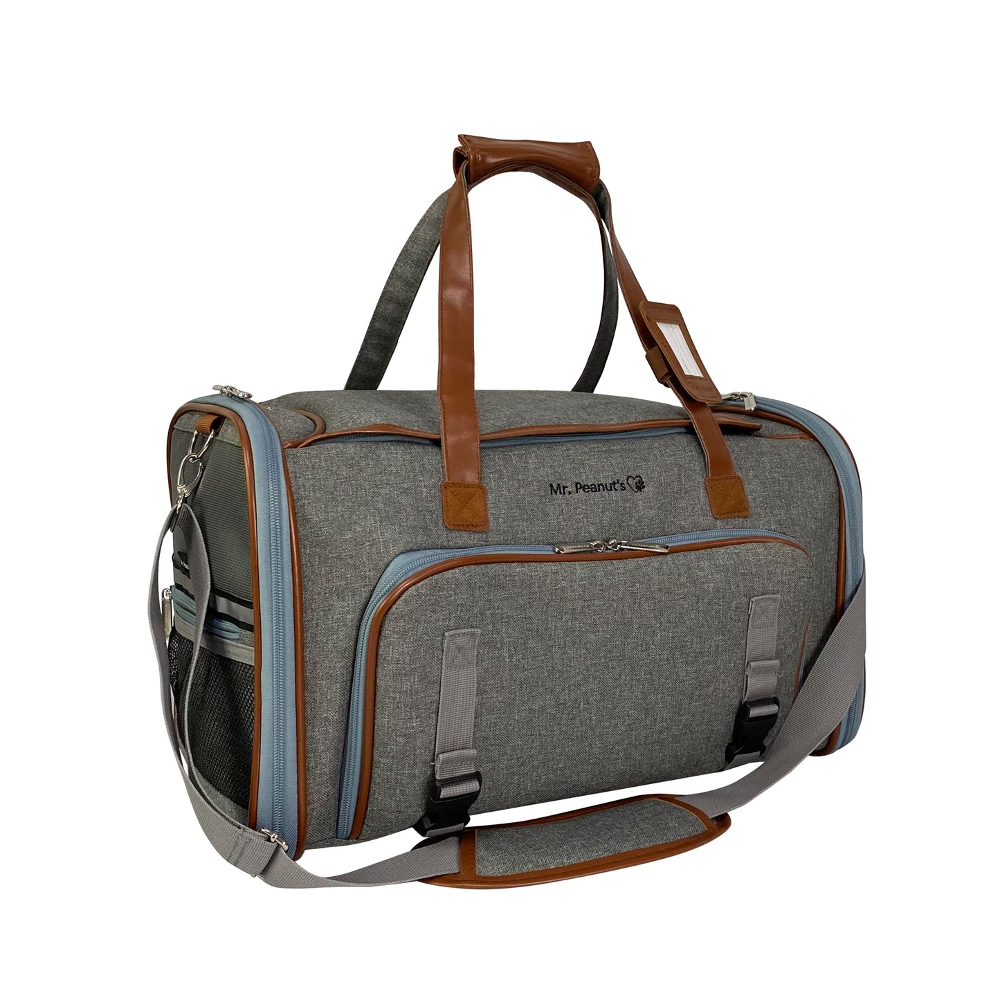 Gray duffel bag with brown straps on a white background
