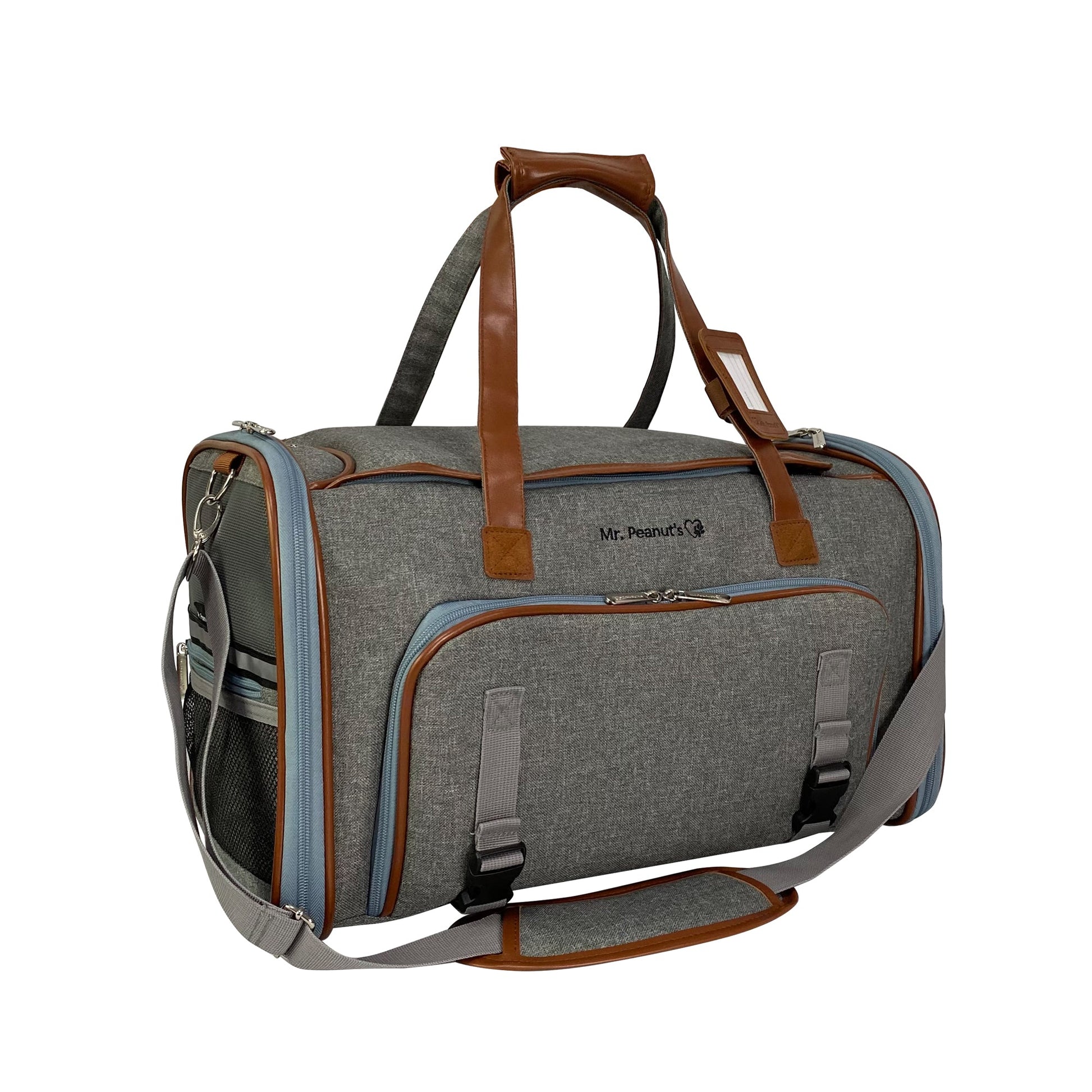 Gray duffel bag with brown straps on a white background