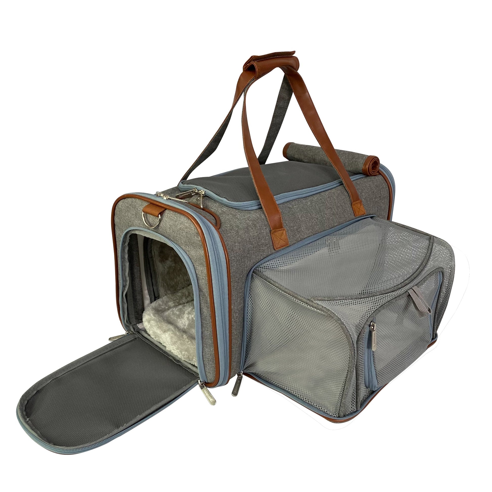 Pet carrier with brown handles on a white background