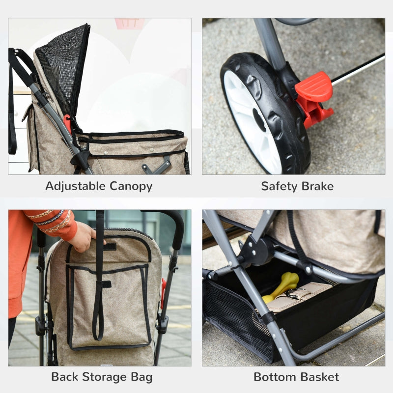 Pet stroller with adjustable canopy, safety brake, back storage bag, and bottom basket on a concrete surface.