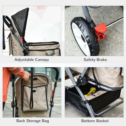 Pet stroller with adjustable canopy, safety brake, back storage bag, and bottom basket on a concrete surface.