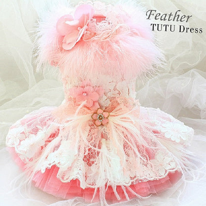 Pink feather tutu dress with flowers on a light background