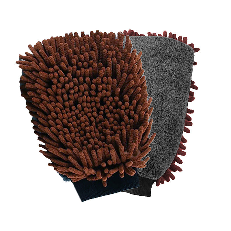 Brown and gray microfiber cleaning mitts on a white background