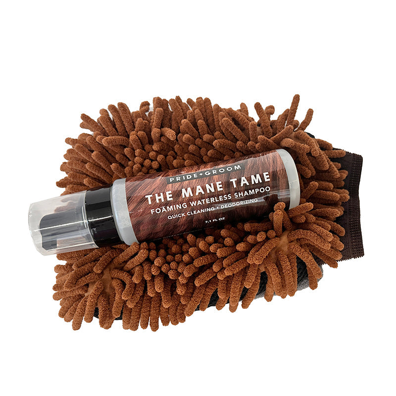 Foaming waterless shampoo with a microfiber applicator on a white background