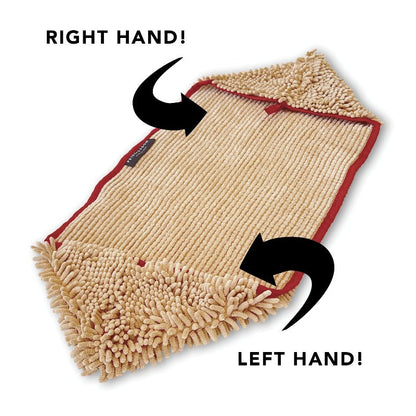 Beige cleaning pad with red border and arrows indicating use on right and left hands.