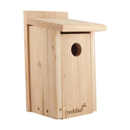 Wooden birdhouse with a circular entrance on a white background