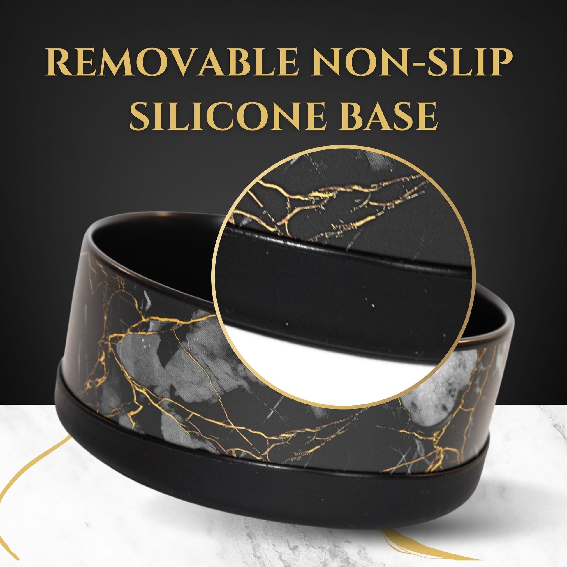 Black and gold marbled container with removable non-slip silicone base on a dark background