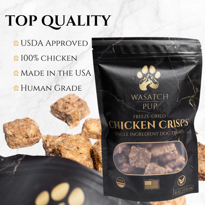 Wasatch Pup freeze-dried chicken crisps packaging with text highlighting quality and origin.