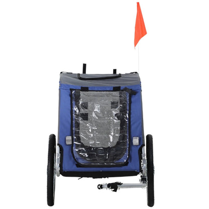 Blue and gray pet stroller with a red flag on a white background