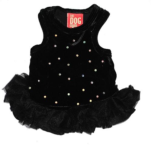 Black dog dress with rhinestone embellishments and a visible brand logo on a white background