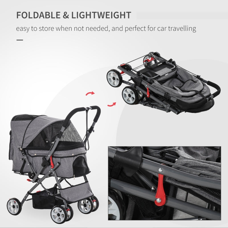 Foldable and lightweight stroller with text highlighting its features on a white background