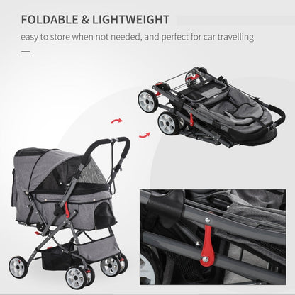 Foldable and lightweight stroller with text highlighting its features on a white background