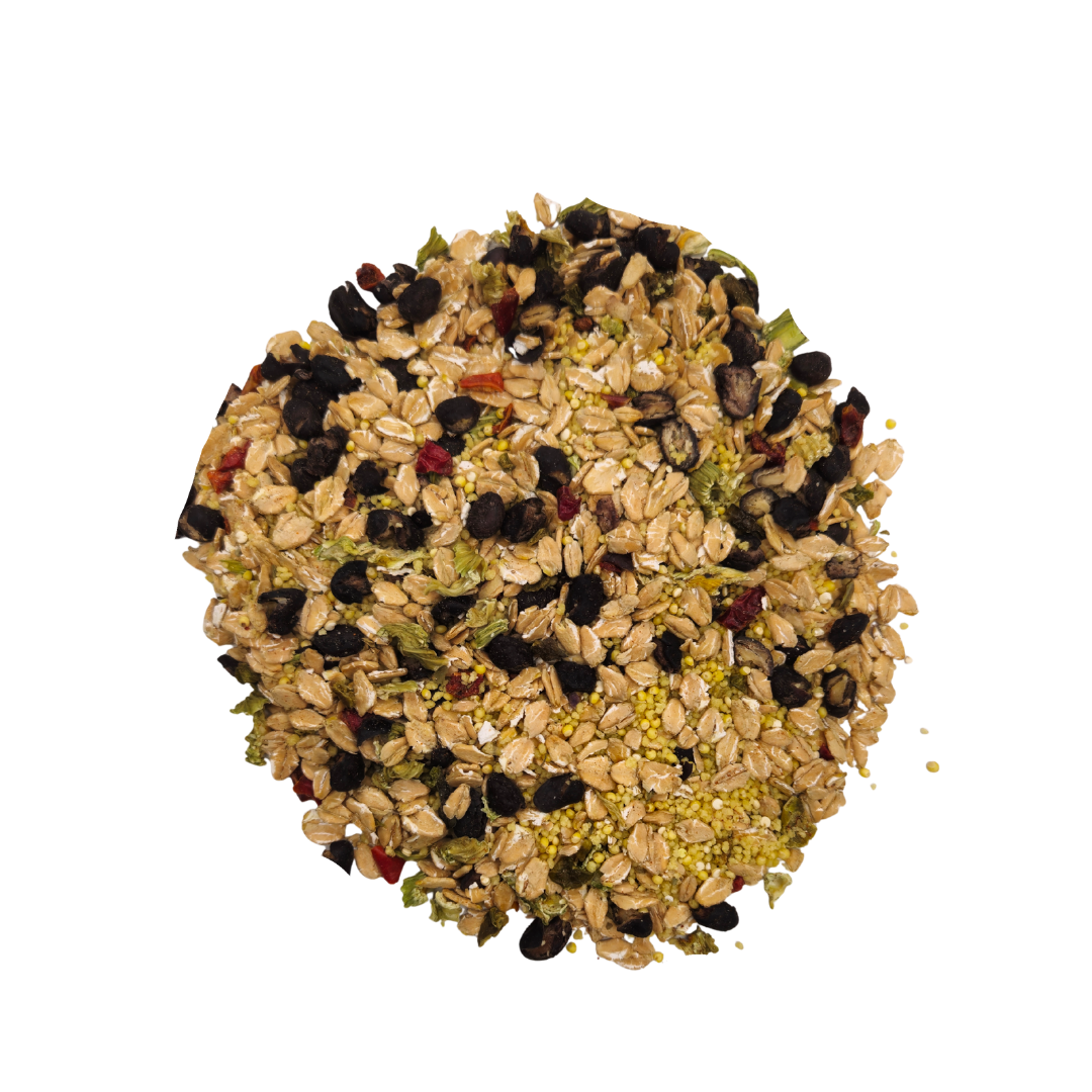 Round bird seed mix on a white background