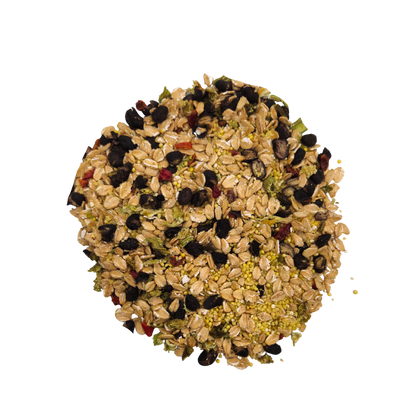 Round bird seed mix on a white background