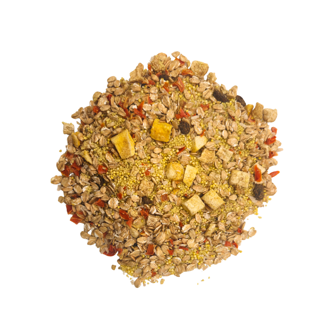 Pile of birdseed mix on a white background