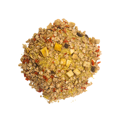 Pile of birdseed mix on a white background