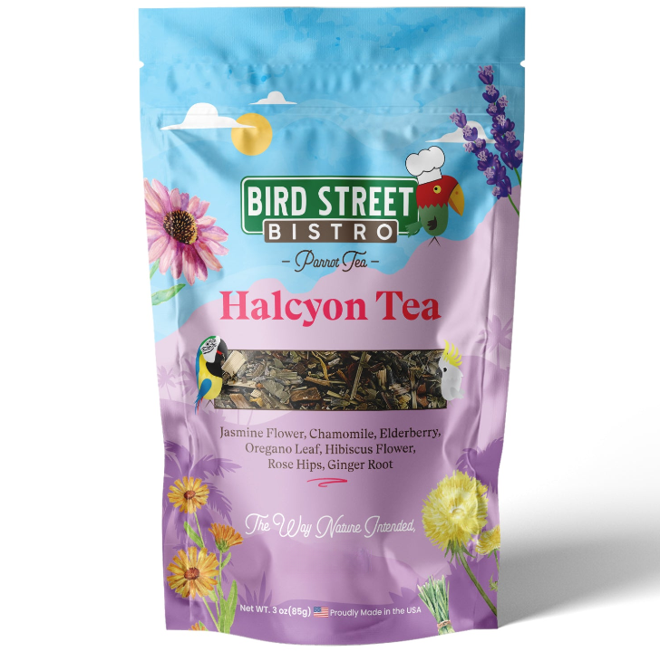 Bird Street Bistro Halcyon Tea package with floral designs on a white background