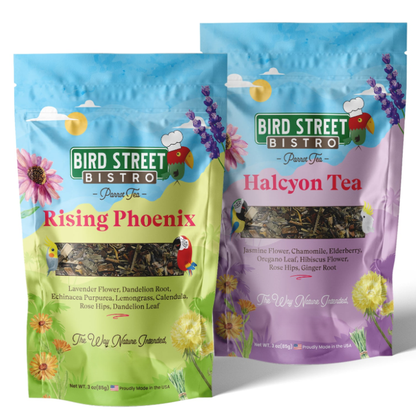 Two packages of Bird Street Bistro tea, one labeled 'Rising Phoenix' and the other 'Halcyon Tea', on a white background.