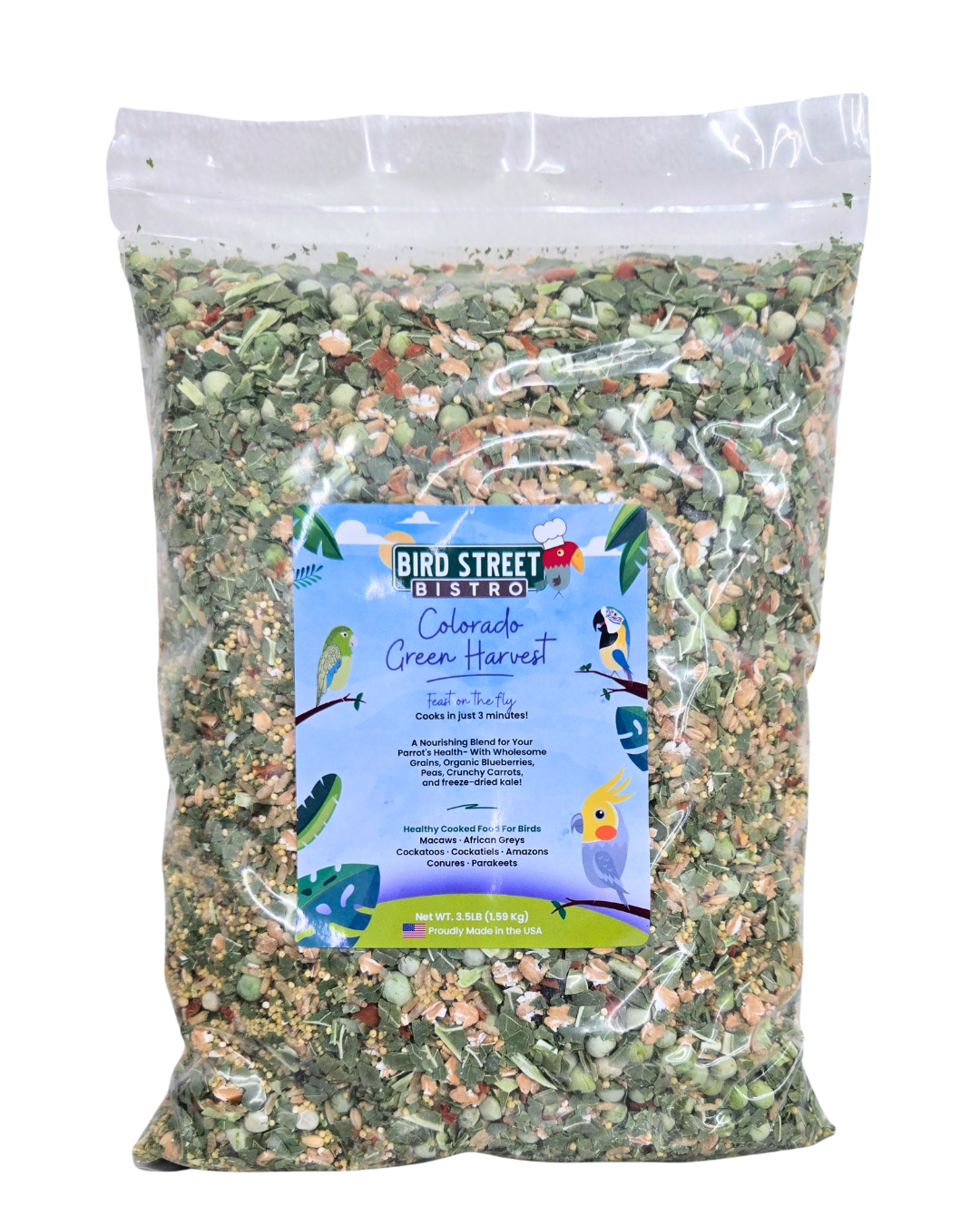 Bag of Bird Street Bistro Colorado Green Harvest bird food on a white background