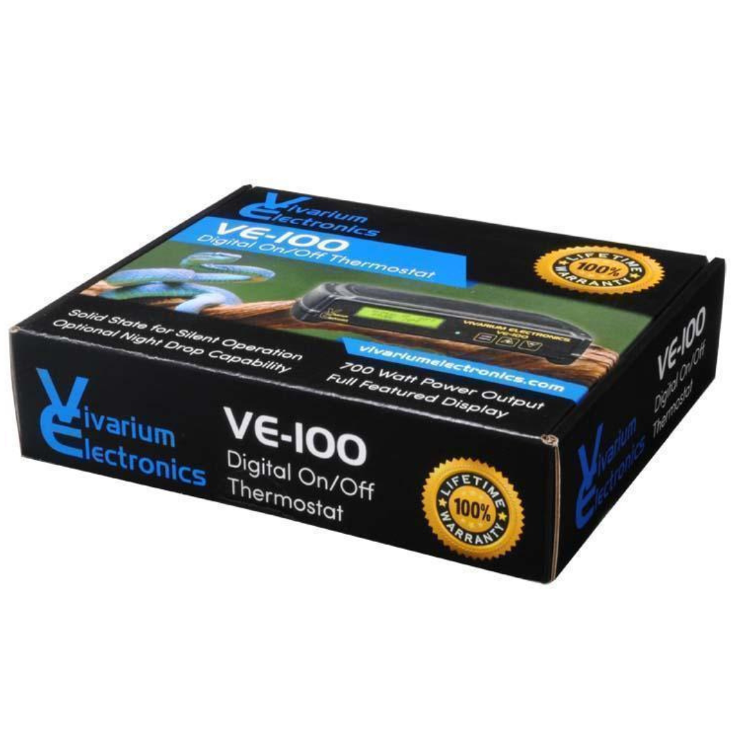 Box of Vivarium Electronics VE-100 digital on/off thermostat on a white background