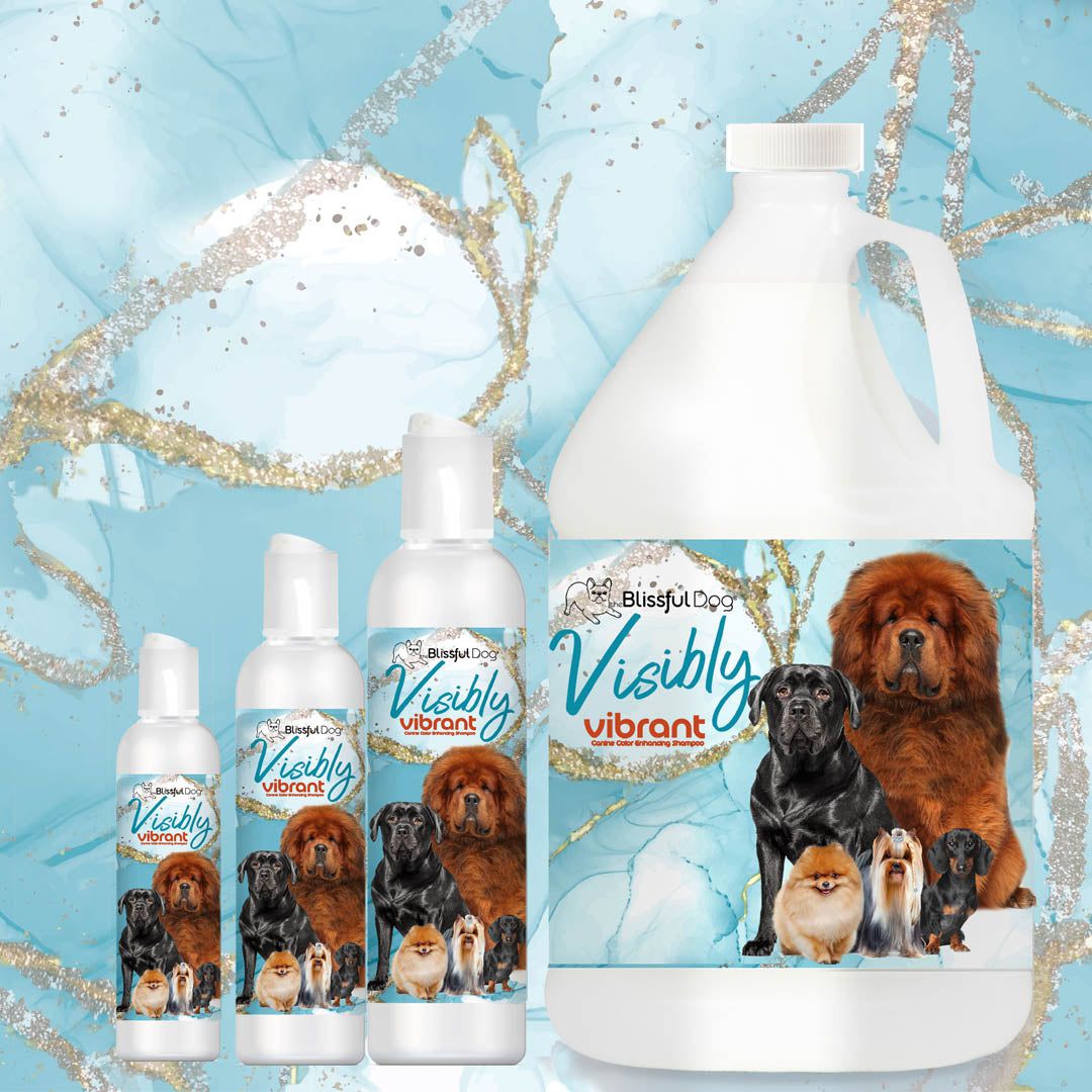 Blistex dog shampoo bottles and a large container with visible dogs on the label against a decorative blue background.