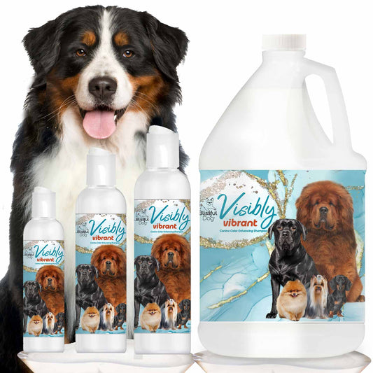 Dog with visible 'Visibly Vibrant' pet care product packaging on a white background