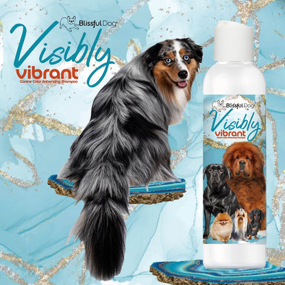 Dog with a bottle of Blissful Dog Visibly Vibrant shampoo on a decorative background